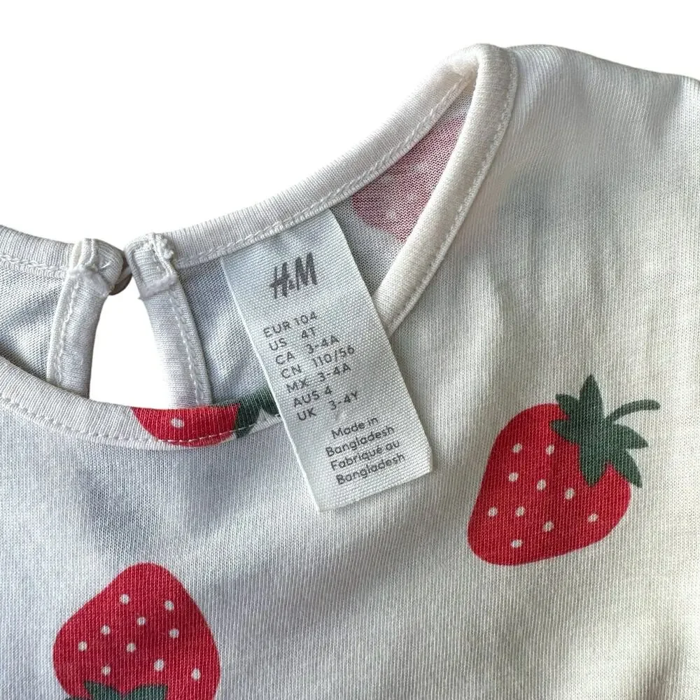 H&M Ruffle Trimmed Strawberry Print Dress, Size 4T, Creme